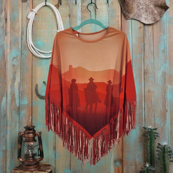 MONTANA WEST Cowboy Graphic Faux Suede Fringed Poncho OS NWT - Picture 1 of 7